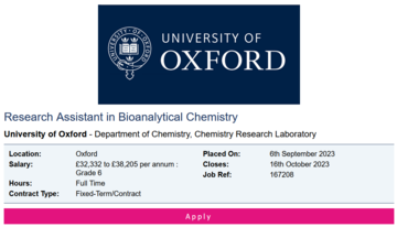 Image of a job advert for a Research Assistant in Bioanalytical Chemistry