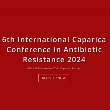 White text on red background, advertising the 6th International Caparica Conference in Antibiotic Resistance